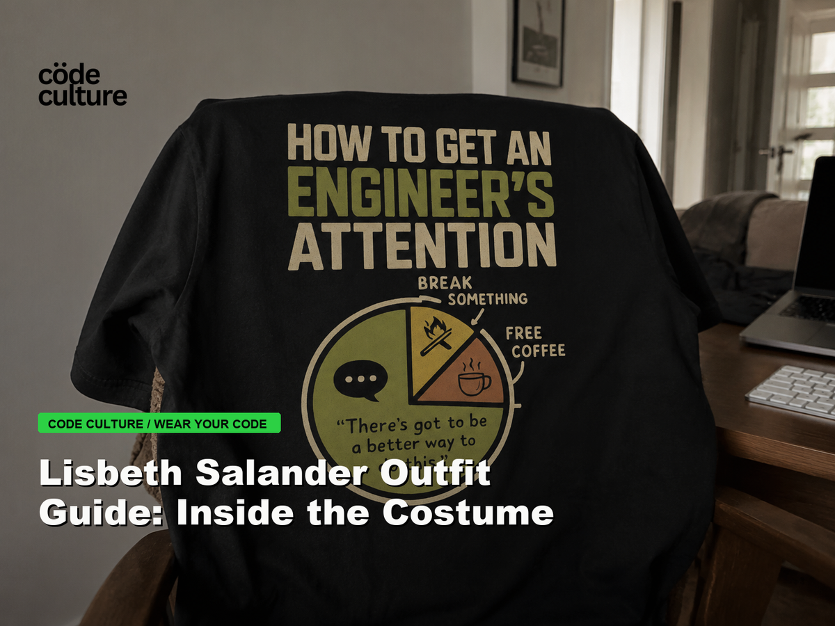 Code Culture blog banner for Lisbeth Salander Outfit Guide: Inside the Costume, featuring a how to get an engineer attention developer t-shirt.