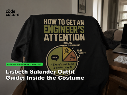 Code Culture blog banner for Lisbeth Salander Outfit Guide: Inside the Costume, featuring a how to get an engineer attention developer t-shirt.