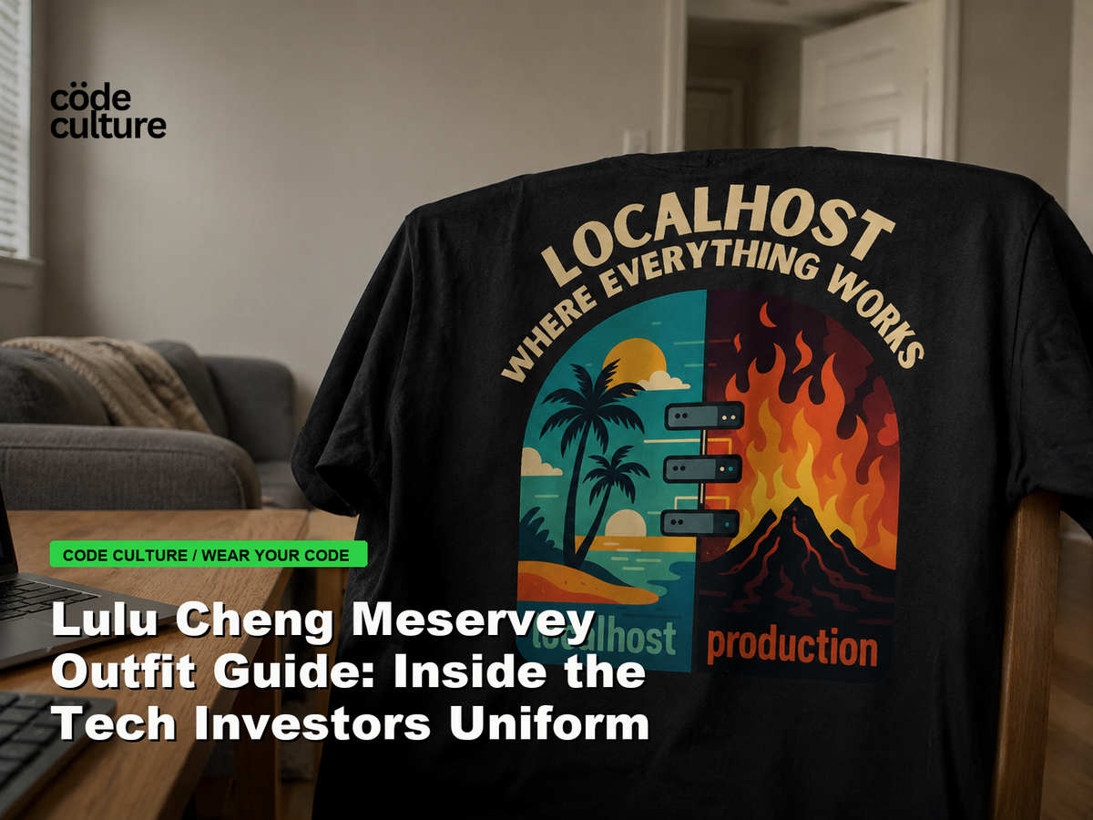 Code Culture blog banner for Lulu Cheng Meservey Outfit Guide: Inside the Tech Investors Uniform, featuring a localhost production developer t-shirt.