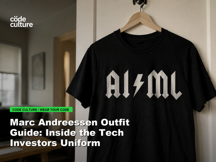 Code Culture blog banner for Marc Andreessen Outfit Guide: Inside the Tech Investors Uniform, featuring a aiml 100416 developer t-shirt.