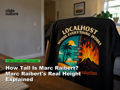 Code Culture blog banner for How Tall Is Marc Raibert? Marc Raibert's Real Height Explained, featuring a localhost production developer t-shirt.