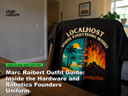 Code Culture blog banner for Marc Raibert Outfit Guide: Inside the Hardware and Robotics Founders Uniform, featuring a localhost production developer t-shirt.