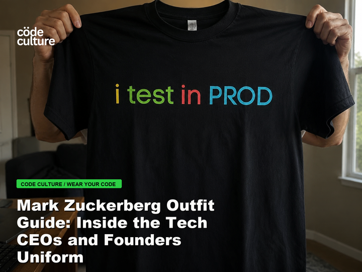Code Culture blog banner for Mark Zuckerberg Outfit Guide: Inside the Tech CEOs and Founders Uniform, featuring a i test in prod developer t-shirt.