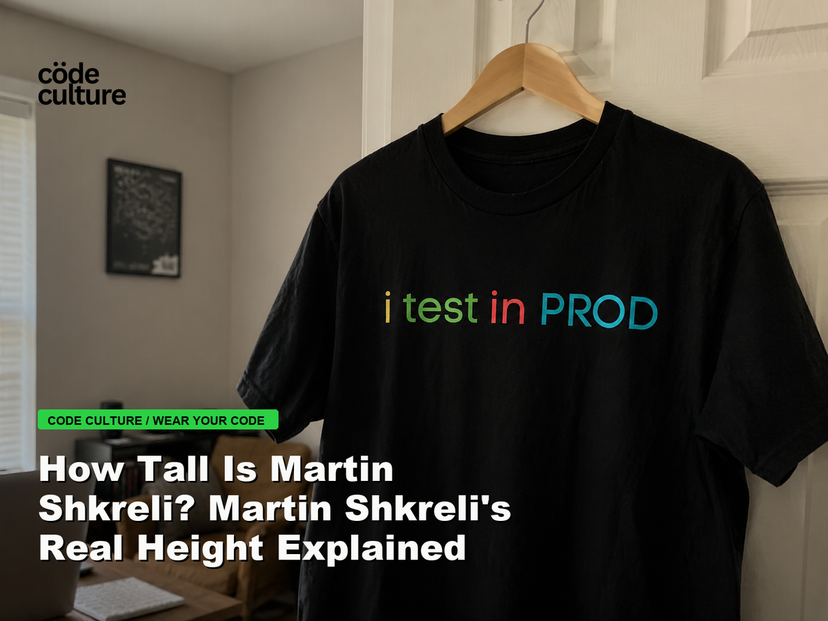 Code Culture blog banner for How Tall Is Martin Shkreli? Martin Shkreli's Real Height Explained, featuring a i test in prod developer t-shirt.