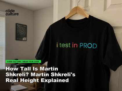 Code Culture blog banner for How Tall Is Martin Shkreli? Martin Shkreli's Real Height Explained, featuring a i test in prod developer t-shirt.