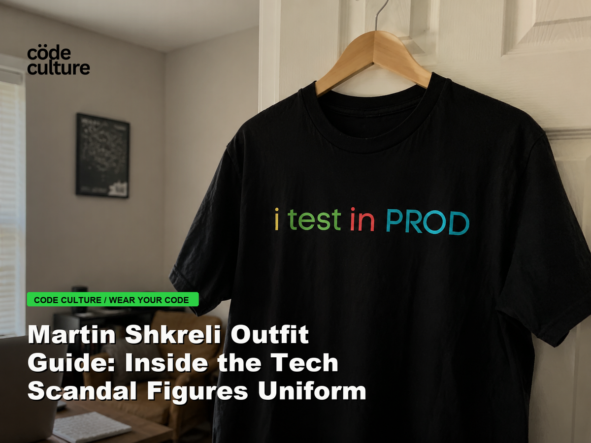 Code Culture blog banner for Martin Shkreli Outfit Guide: Inside the Tech Scandal Figures Uniform, featuring a i test in prod developer t-shirt.