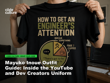 Code Culture blog banner for Mayuko Inoue Outfit Guide: Inside the YouTube and Dev Creators Uniform, featuring a how to get an engineer attention developer t-shirt.