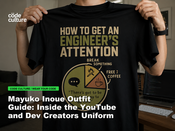 Code Culture blog banner for Mayuko Inoue Outfit Guide: Inside the YouTube and Dev Creators Uniform, featuring a how to get an engineer attention developer t-shirt.