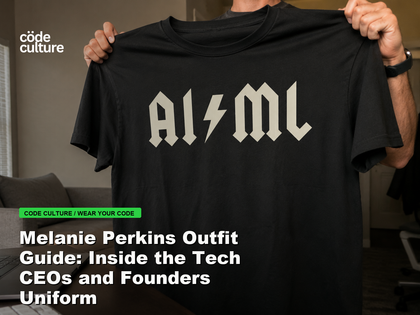 Code Culture blog banner for Melanie Perkins Outfit Guide: Inside the Tech CEOs and Founders Uniform, featuring a aiml 100416 developer t-shirt.