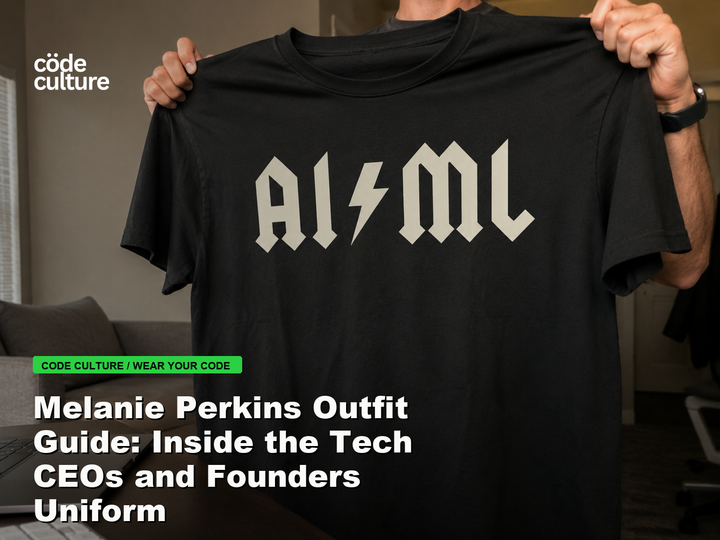 Code Culture blog banner for Melanie Perkins Outfit Guide: Inside the Tech CEOs and Founders Uniform, featuring a aiml 100416 developer t-shirt.