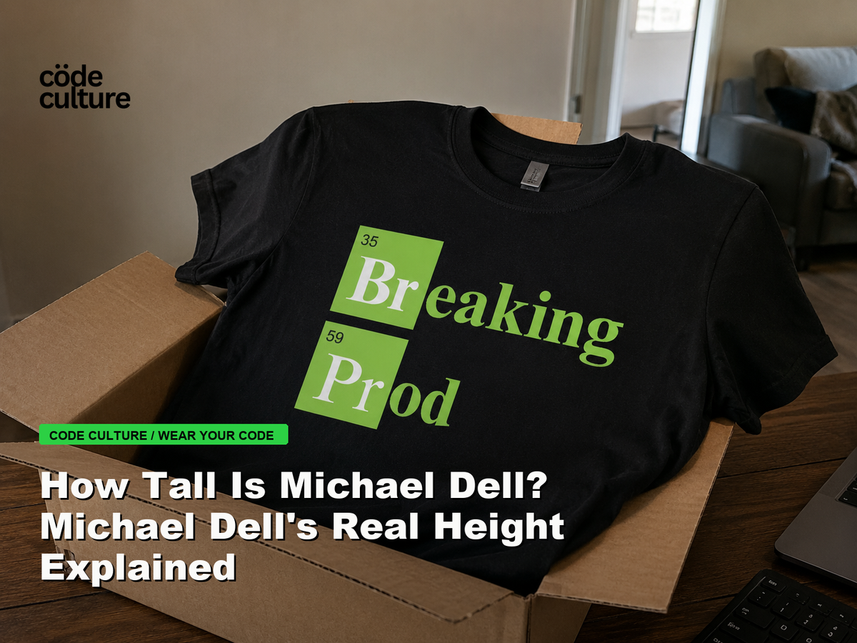 Code Culture blog banner for How Tall Is Michael Dell? Michael Dell's Real Height Explained, featuring a 35 breaking 59 prod developer t-shirt.
