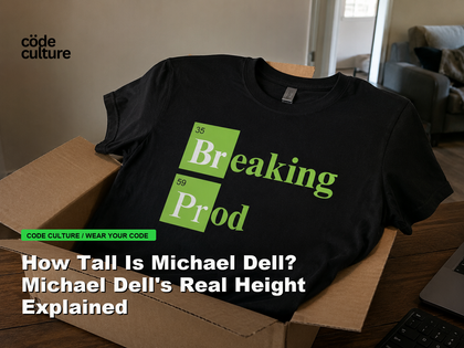 Code Culture blog banner for How Tall Is Michael Dell? Michael Dell's Real Height Explained, featuring a 35 breaking 59 prod developer t-shirt.