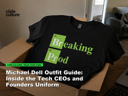 Code Culture blog banner for Michael Dell Outfit Guide: Inside the Tech CEOs and Founders Uniform, featuring a 35 breaking 59 prod developer t-shirt.