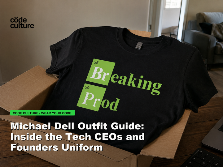 Code Culture blog banner for Michael Dell Outfit Guide: Inside the Tech CEOs and Founders Uniform, featuring a 35 breaking 59 prod developer t-shirt.