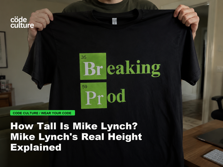 Code Culture blog banner for How Tall Is Mike Lynch? Mike Lynch's Real Height Explained, featuring a 35 breaking 59 prod developer t-shirt.
