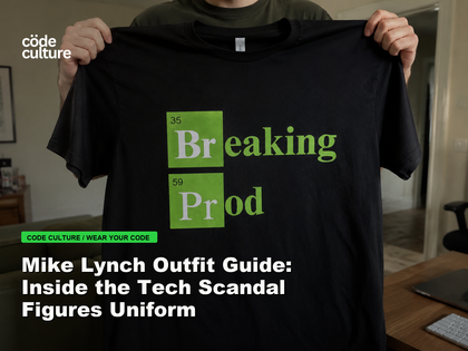 Code Culture blog banner for Mike Lynch Outfit Guide: Inside the Tech Scandal Figures Uniform, featuring a 35 breaking 59 prod developer t-shirt.