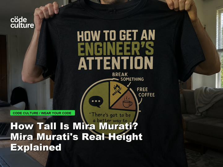 Code Culture blog banner for How Tall Is Mira Murati? Mira Murati's Real Height Explained, featuring a how to get an engineer attention developer t-shirt.