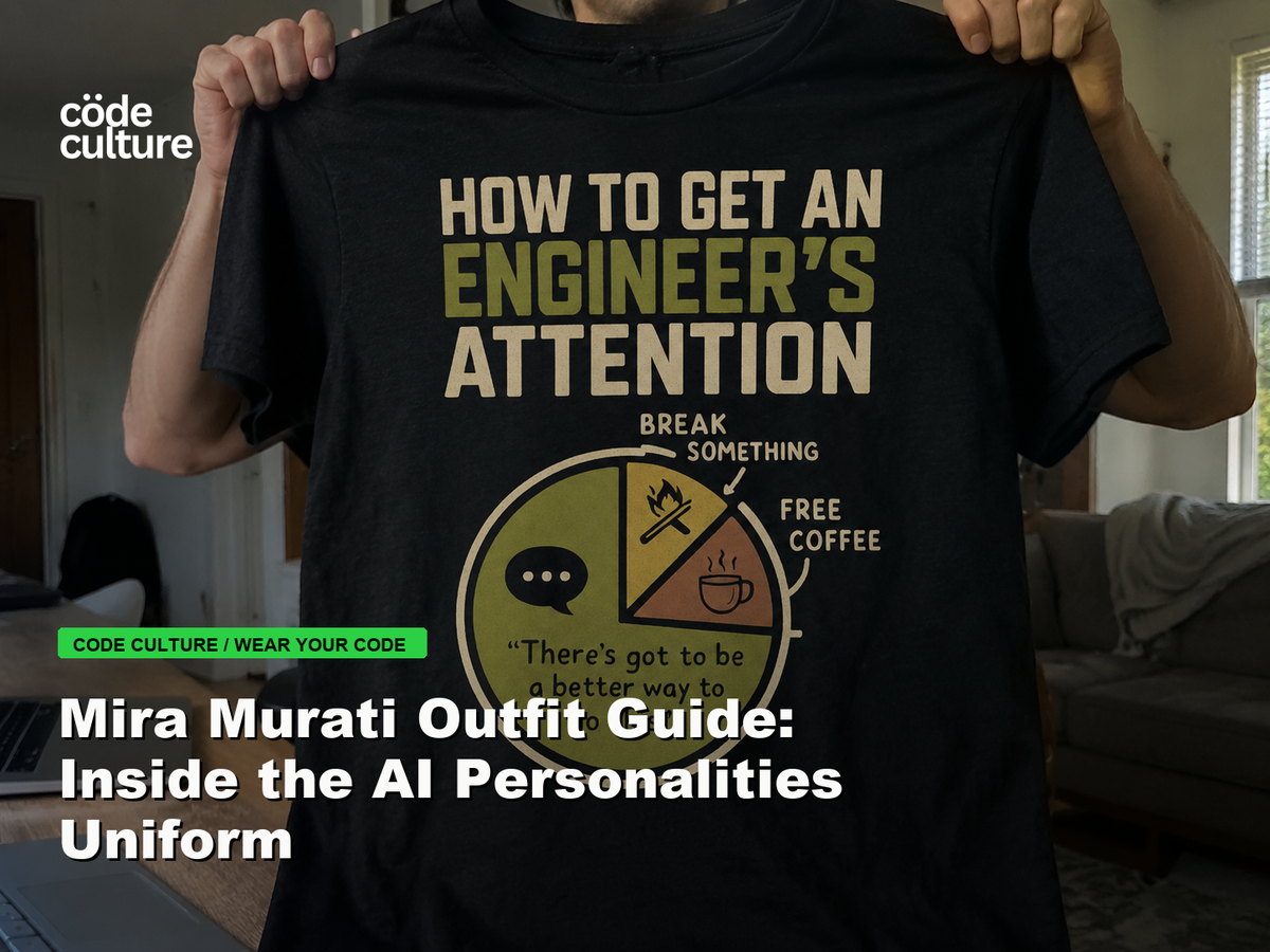Code Culture blog banner for Mira Murati Outfit Guide: Inside the AI Personalities Uniform, featuring a how to get an engineer attention developer t-shirt.