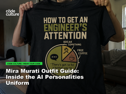 Code Culture blog banner for Mira Murati Outfit Guide: Inside the AI Personalities Uniform, featuring a how to get an engineer attention developer t-shirt.