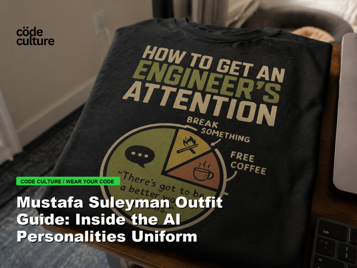 Code Culture blog banner for Mustafa Suleyman Outfit Guide: Inside the AI Personalities Uniform, featuring a how to get an engineer attention developer t-shirt.