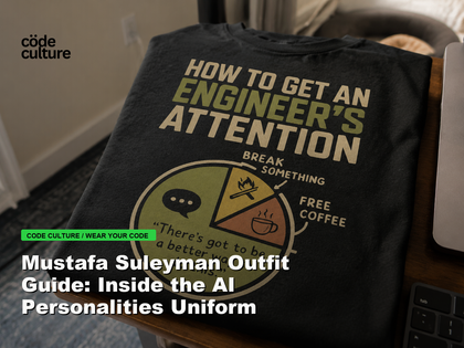 Code Culture blog banner for Mustafa Suleyman Outfit Guide: Inside the AI Personalities Uniform, featuring a how to get an engineer attention developer t-shirt.