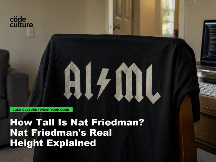 Code Culture blog banner for How Tall Is Nat Friedman? Nat Friedman's Real Height Explained, featuring a aiml 100416 developer t-shirt.