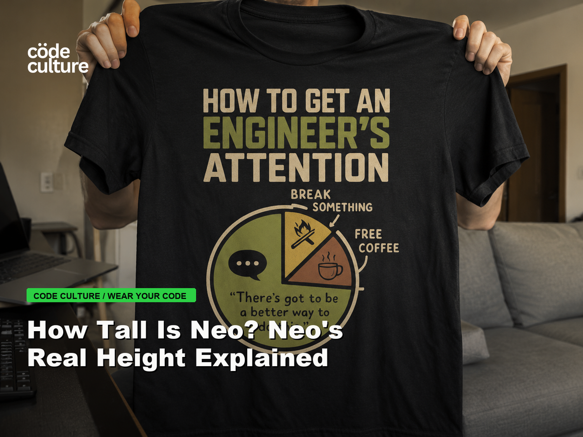 Code Culture blog banner for How Tall Is Neo? Neo's Real Height Explained, featuring a how to get an engineer attention developer t-shirt.