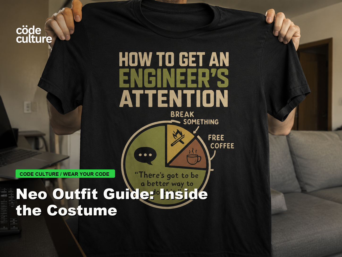 Code Culture blog banner for Neo Outfit Guide: Inside the Costume, featuring a how to get an engineer attention developer t-shirt.