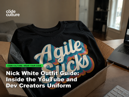 Code Culture blog banner for Nick White Outfit Guide: Inside the YouTube and Dev Creators Uniform, featuring a agile suck developer t-shirt.