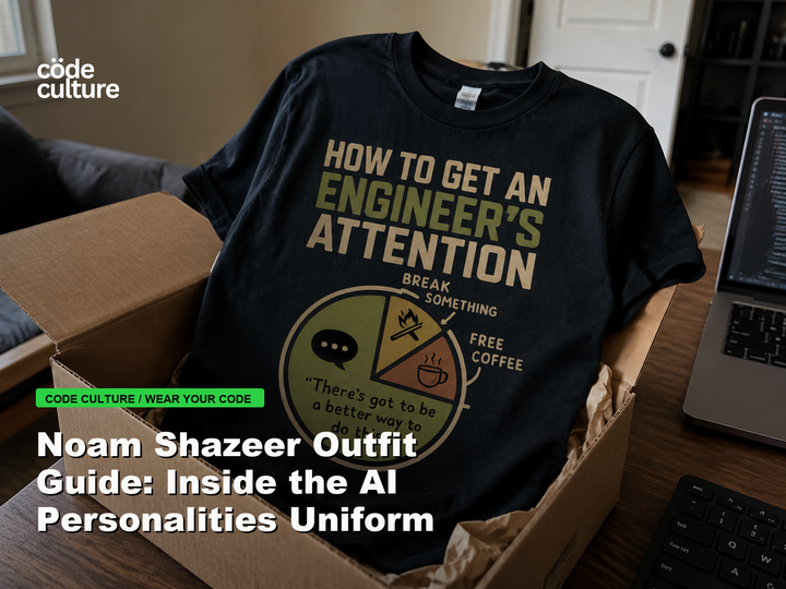 Code Culture blog banner for Noam Shazeer Outfit Guide: Inside the AI Personalities Uniform, featuring a how to get an engineer attention developer t-shirt.