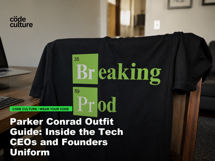 Code Culture blog banner for Parker Conrad Outfit Guide: Inside the Tech CEOs and Founders Uniform, featuring a 35 breaking 59 prod developer t-shirt.