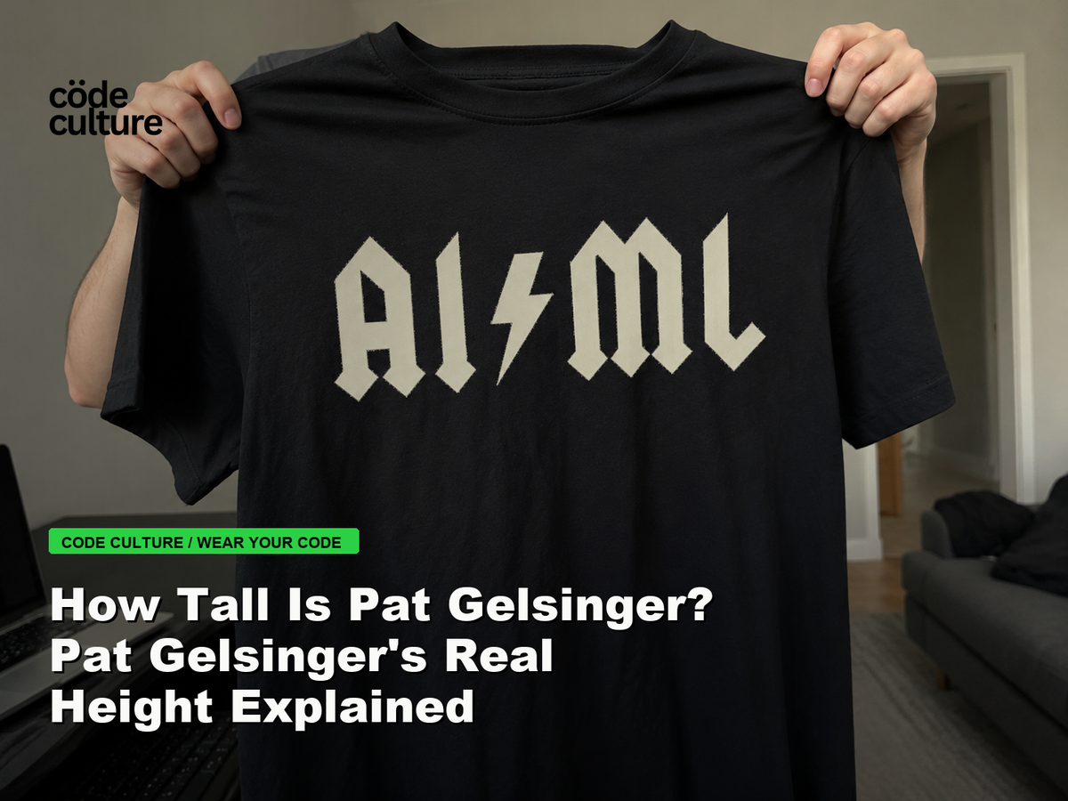 Code Culture blog banner for How Tall Is Pat Gelsinger? Pat Gelsinger's Real Height Explained, featuring a aiml 100416 developer t-shirt.