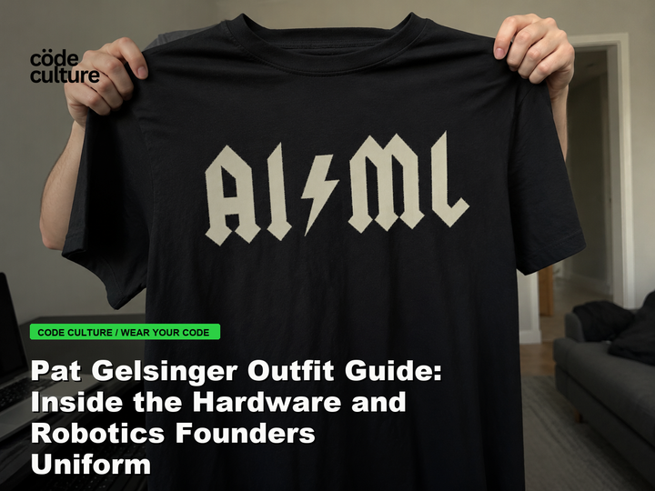 Code Culture blog banner for Pat Gelsinger Outfit Guide: Inside the Hardware and Robotics Founders Uniform, featuring a aiml 100416 developer t-shirt.