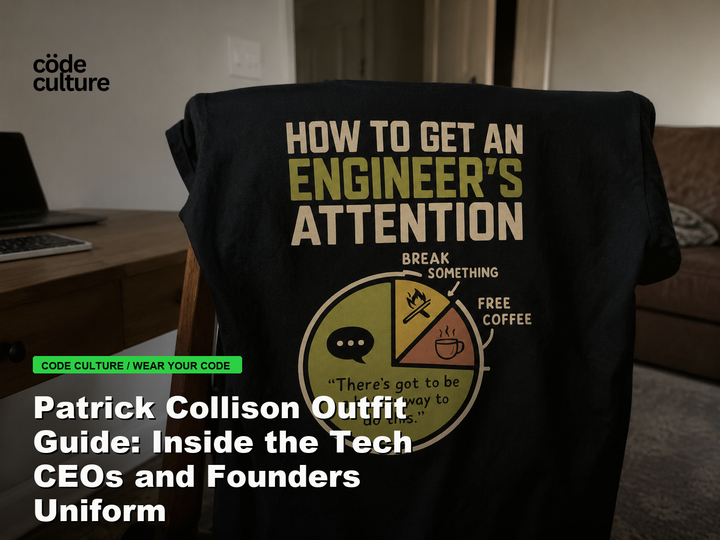 Code Culture blog banner for Patrick Collison Outfit Guide: Inside the Tech CEOs and Founders Uniform, featuring a how to get an engineer attention developer t-shirt.