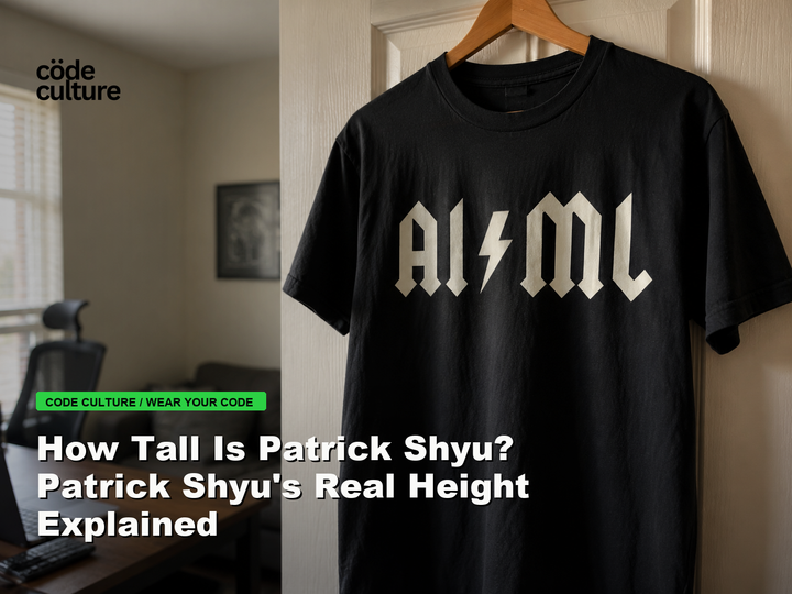 Code Culture blog banner for How Tall Is Patrick Shyu? Patrick Shyu's Real Height Explained, featuring a aiml 100416 developer t-shirt.