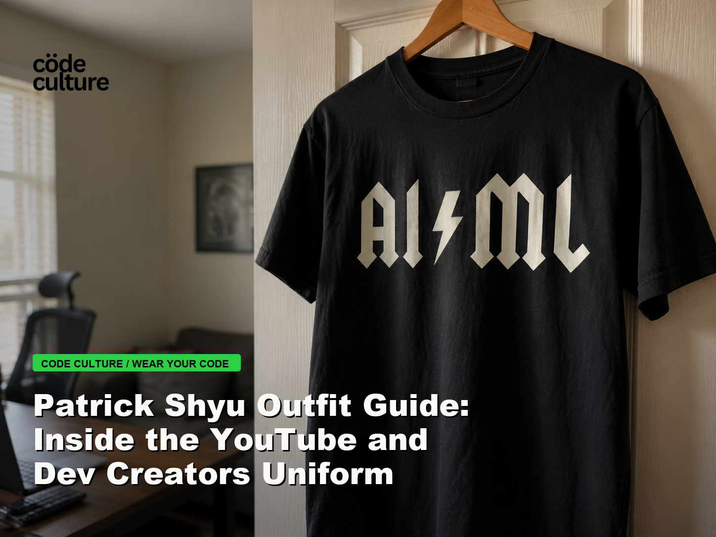 Code Culture blog banner for Patrick Shyu Outfit Guide: Inside the YouTube and Dev Creators Uniform, featuring a aiml 100416 developer t-shirt.