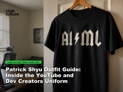 Code Culture blog banner for Patrick Shyu Outfit Guide: Inside the YouTube and Dev Creators Uniform, featuring a aiml 100416 developer t-shirt.