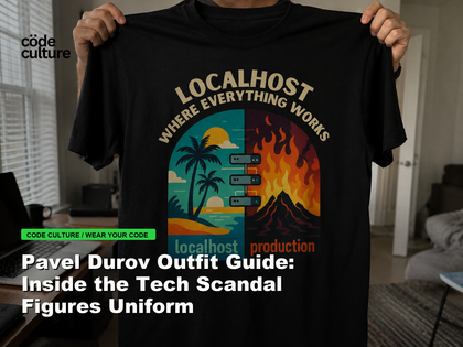 Code Culture blog banner for Pavel Durov Outfit Guide: Inside the Tech Scandal Figures Uniform, featuring a localhost production developer t-shirt.