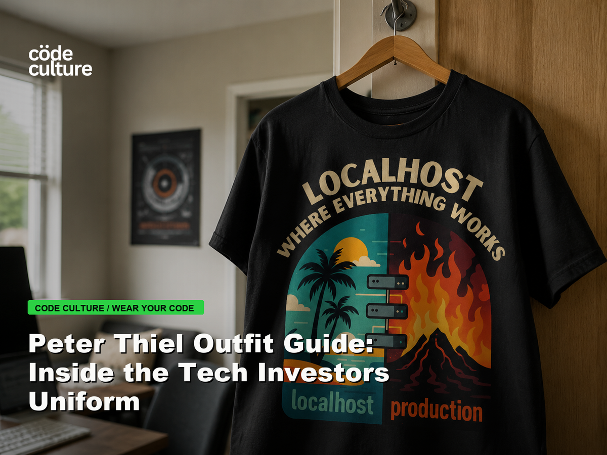 Code Culture blog banner for Peter Thiel Outfit Guide: Inside the Tech Investors Uniform, featuring a localhost production developer t-shirt.