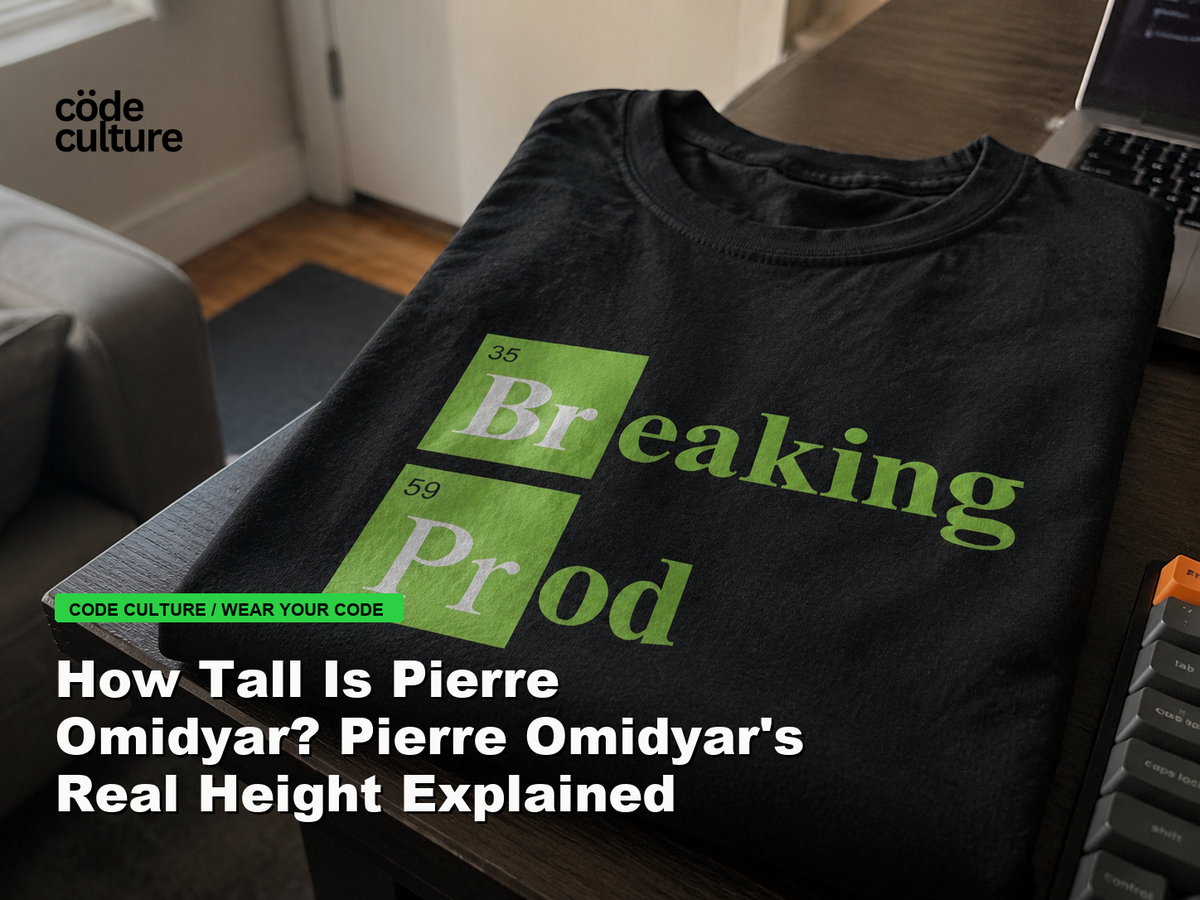 Code Culture blog banner for How Tall Is Pierre Omidyar? Pierre Omidyar's Real Height Explained, featuring a 35 breaking 59 prod developer t-shirt.