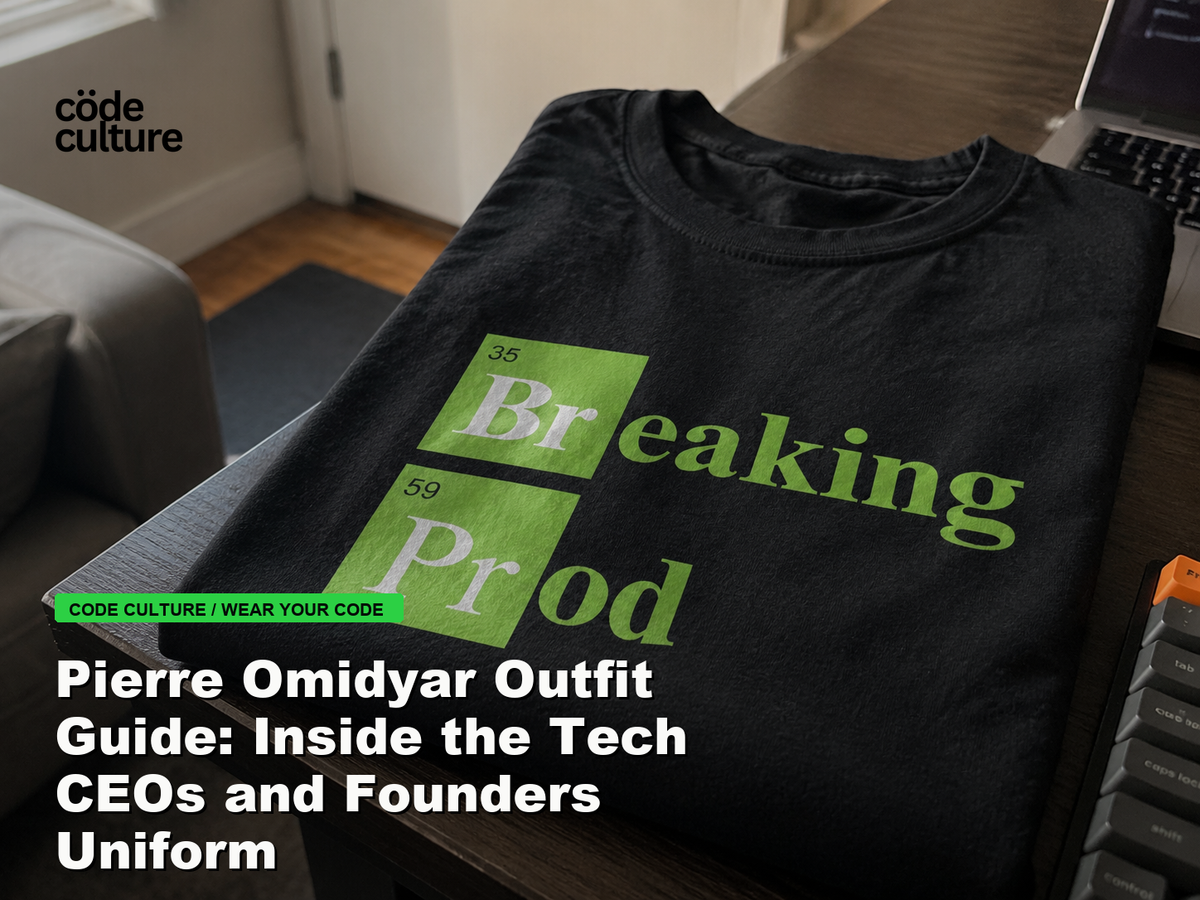Code Culture blog banner for Pierre Omidyar Outfit Guide: Inside the Tech CEOs and Founders Uniform, featuring a 35 breaking 59 prod developer t-shirt.