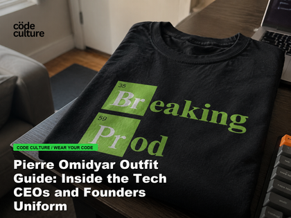 Code Culture blog banner for Pierre Omidyar Outfit Guide: Inside the Tech CEOs and Founders Uniform, featuring a 35 breaking 59 prod developer t-shirt.