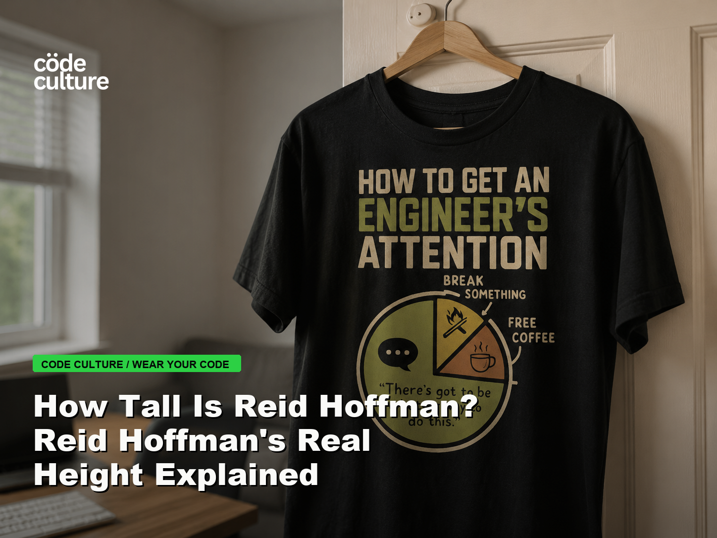 Code Culture blog banner for How Tall Is Reid Hoffman? Reid Hoffman's Real Height Explained, featuring a how to get an engineer attention developer t-shirt.