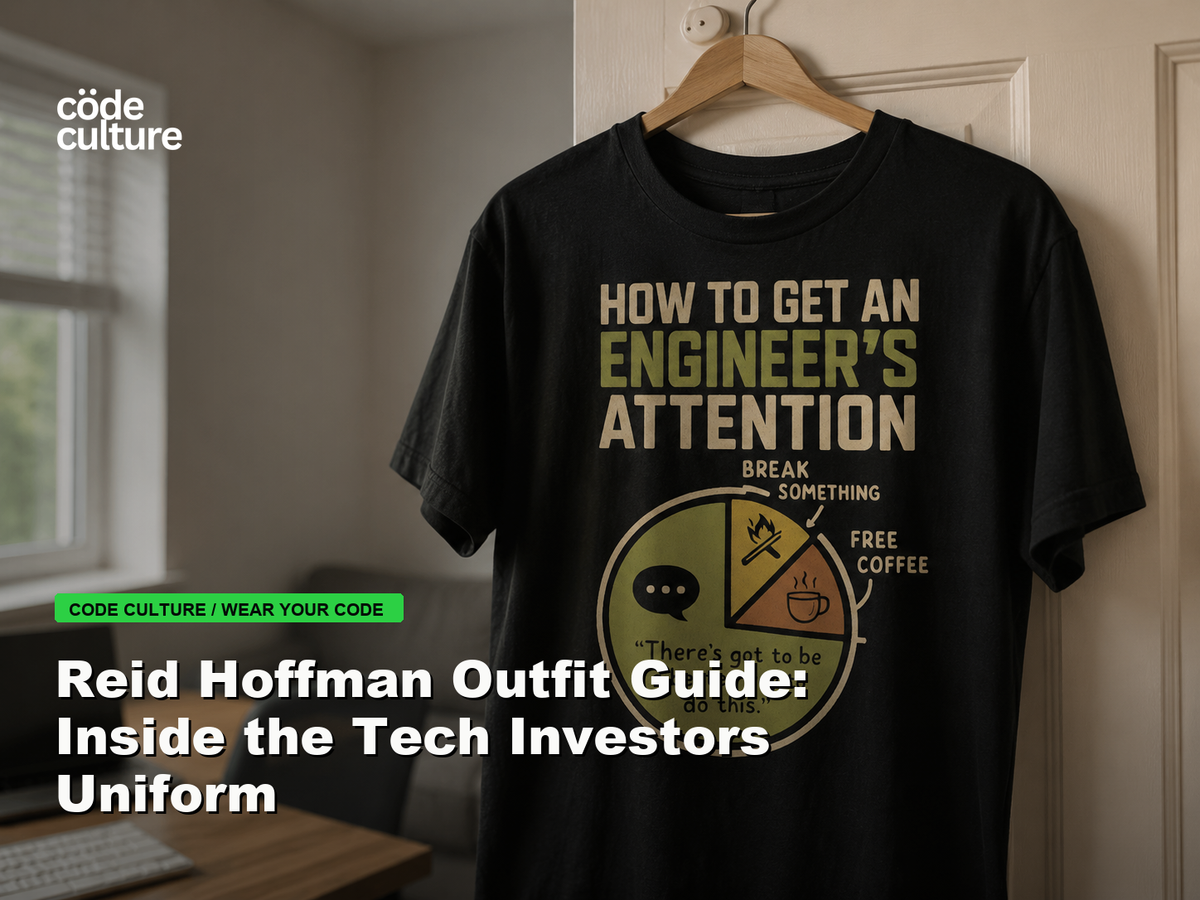 Code Culture blog banner for Reid Hoffman Outfit Guide: Inside the Tech Investors Uniform, featuring a how to get an engineer attention developer t-shirt.