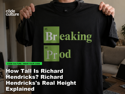 Code Culture blog banner for How Tall Is Richard Hendricks? Richard Hendricks's Real Height Explained, featuring a 35 breaking 59 prod developer t-shirt.