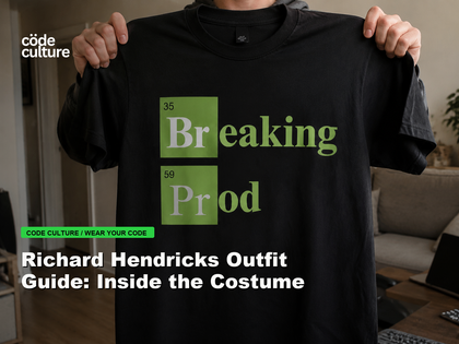 Code Culture blog banner for Richard Hendricks Outfit Guide: Inside the Costume, featuring a 35 breaking 59 prod developer t-shirt.