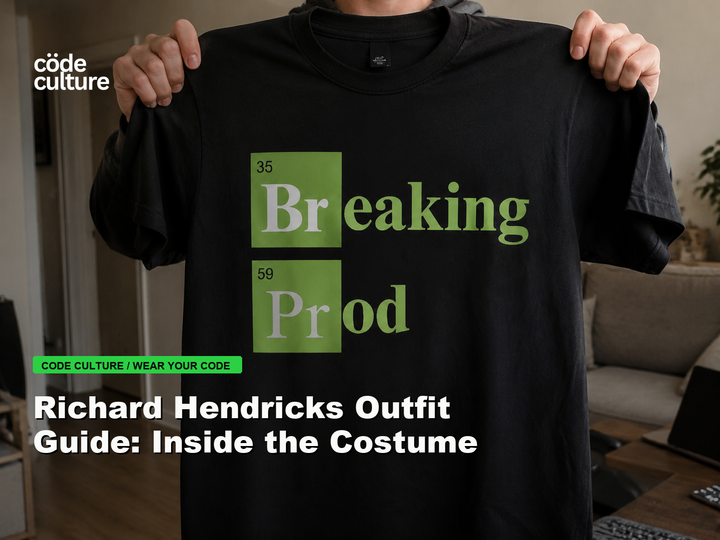 Code Culture blog banner for Richard Hendricks Outfit Guide: Inside the Costume, featuring a 35 breaking 59 prod developer t-shirt.