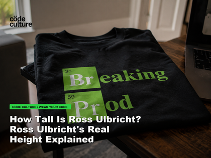 Code Culture blog banner for How Tall Is Ross Ulbricht? Ross Ulbricht's Real Height Explained, featuring a 35 breaking 59 prod developer t-shirt.