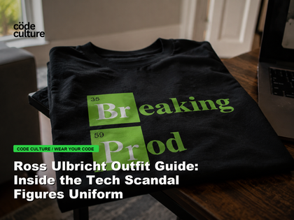 Code Culture blog banner for Ross Ulbricht Outfit Guide: Inside the Tech Scandal Figures Uniform, featuring a 35 breaking 59 prod developer t-shirt.