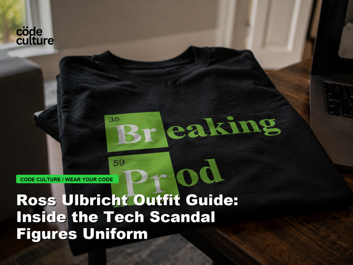 Code Culture blog banner for Ross Ulbricht Outfit Guide: Inside the Tech Scandal Figures Uniform, featuring a 35 breaking 59 prod developer t-shirt.